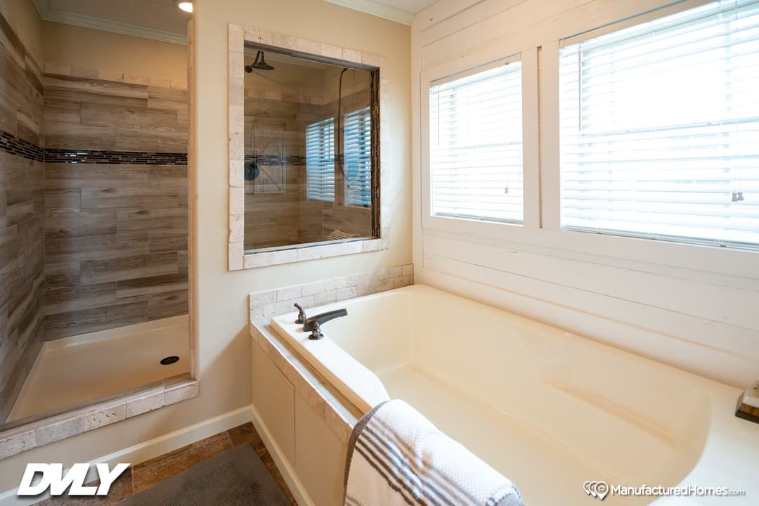 The adriel corner ½ rock fireplace bathroom home features